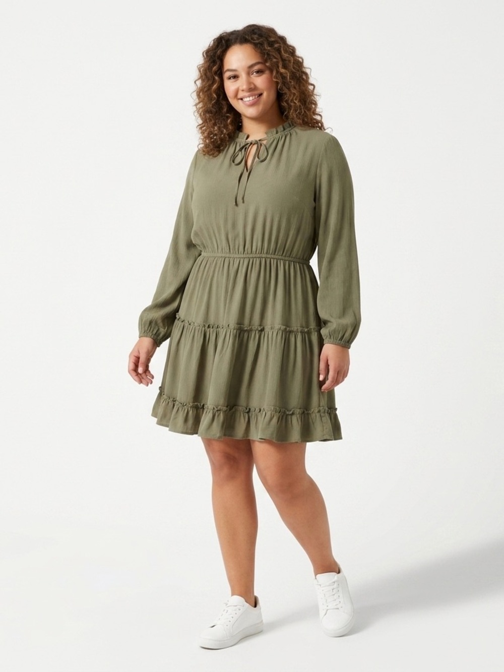Ruffled Tiered Long-Sleeve Mini Dress in Olive